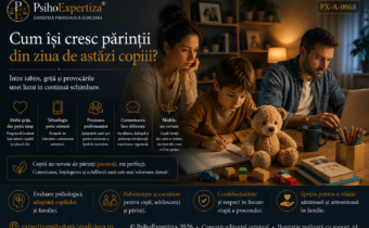 Ilustrație simbolică despre parentingul contemporan, reprezentând o familie confruntată cu lipsa timpului, tehnologia, presiunea performanței și nevoia copilului de conectare emoțională.