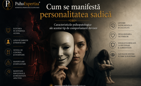 Ilustrație conceptuală reprezentând caracteristicile psihologice ale personalității sadice, prin elemente simbolice care sugerează manipularea, lipsa empatiei, dominarea și impactul asupra victimelor, într-un context explicativ și educațional.