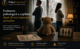 Ilustrație simbolică reprezentând evaluarea psihologică a copilului în contextul divorțului sau separării părinților, sugerând impactul conflictului parental asupra dezvoltării emoționale și importanța unei evaluări psihologice profesioniste.
