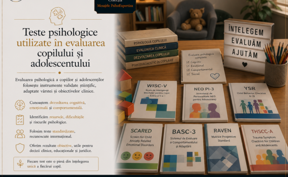 Ilustrație simbolică reprezentând evaluarea psihologică a copilului și adolescentului prin utilizarea unor teste psihologice standardizate, într-un cabinet de psihologie destinat evaluării clinice și psihodiagnosticului.