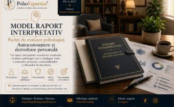 Ilustrație simbolică reprezentând un raport interpretativ de evaluare psihologică pentru autocunoaștere și dezvoltare personală, alături de materiale profesionale utilizate în procesul de evaluare psihologică.