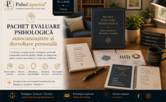 Ilustrație simbolică reprezentând un pachet complet de evaluare psihologică pentru autocunoaștere și dezvoltare personală, incluzând raport interpretativ, instrumente psihometrice și recomandări personalizate într-un cabinet de psihologie.
