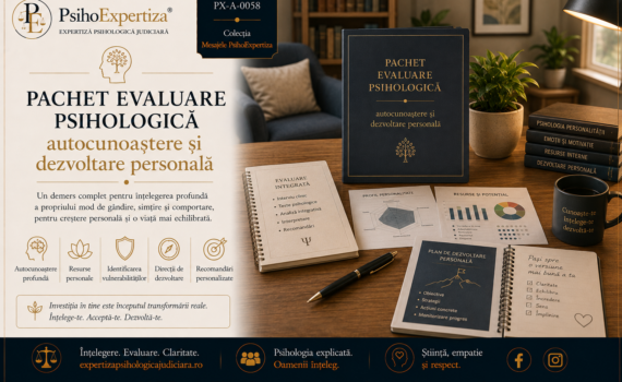 Ilustrație simbolică reprezentând un pachet complet de evaluare psihologică pentru autocunoaștere și dezvoltare personală, incluzând raport interpretativ, instrumente psihometrice și recomandări personalizate într-un cabinet de psihologie.