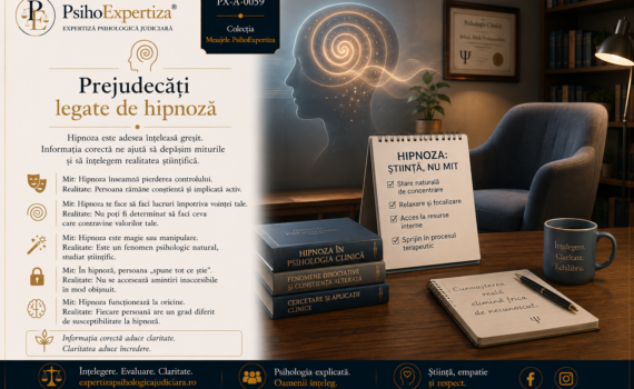 Ilustrație simbolică reprezentând hipnoza ca proces psihologic bazat pe concentrare și relaxare, într-un cabinet de psihologie, evidențiind diferența dintre miturile populare și realitatea științifică.