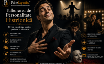 Ilustrație conceptuală reprezentând tulburarea de personalitate histrionică, cu un personaj masculin și elemente simbolice care sugerează nevoia excesivă de atenție, expresivitatea emoțională exagerată, comportamentul teatral și căutarea constantă a aprobării celorlalți.