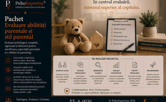 Imagine conceptuală despre evaluarea abilităților parentale și a stilului parental, ilustrând simbolic relația părinte–copil printr-un ursuleț de pluș și elemente specifice evaluării psihologice, fără reprezentarea unui copil.
