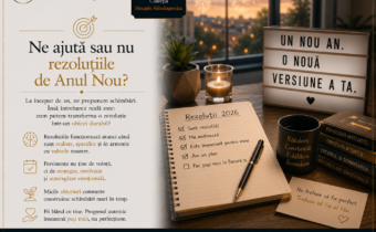 Ilustrație simbolică reprezentând rezoluțiile de Anul Nou: un jurnal cu obiective personale, un stilou și un spațiu de lucru organizat, sugerând transformarea intențiilor în obiceiuri durabile prin planificare și autoreglare.