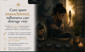 Ilustrație simbolică reprezentând mecanismele psihologice ale masochismului: o persoană prinsă într-un cerc al suferinței emoționale, ilustrând autodevalorizarea, relațiile disfuncționale și posibilitatea vindecării prin conștientizare și psihoterapie.