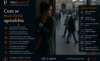Imagine conceptuală despre agorafobie, ilustrând anxietatea intensă în spații deschise sau aglomerate, evitarea locurilor din care persoana percepe că nu poate pleca ușor și impactul acestei tulburări asupra funcționării zilnice.