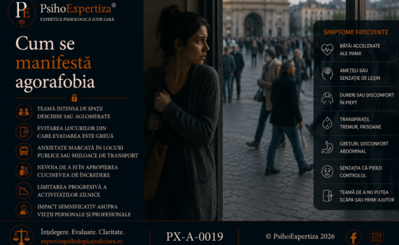 Imagine conceptuală despre agorafobie, ilustrând anxietatea intensă în spații deschise sau aglomerate, evitarea locurilor din care persoana percepe că nu poate pleca ușor și impactul acestei tulburări asupra funcționării zilnice.
