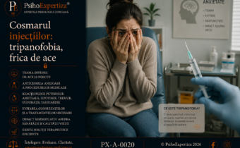 Imagine conceptuală despre tripanofobie (frica de ace), ilustrând anxietatea intensă asociată injecțiilor și procedurilor medicale, precum și comportamentele de evitare pe care această fobie le poate genera.