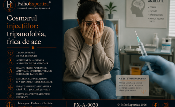 Imagine conceptuală despre tripanofobie (frica de ace), ilustrând anxietatea intensă asociată injecțiilor și procedurilor medicale, precum și comportamentele de evitare pe care această fobie le poate genera.