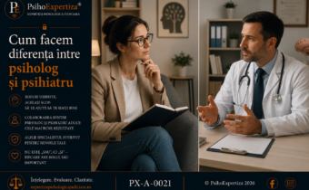 Imagine conceptuală care ilustrează diferențele dintre psiholog și psihiatru, evidențiind rolurile complementare ale celor două profesii în evaluarea, diagnosticul și intervenția în domeniul sănătății mintale.