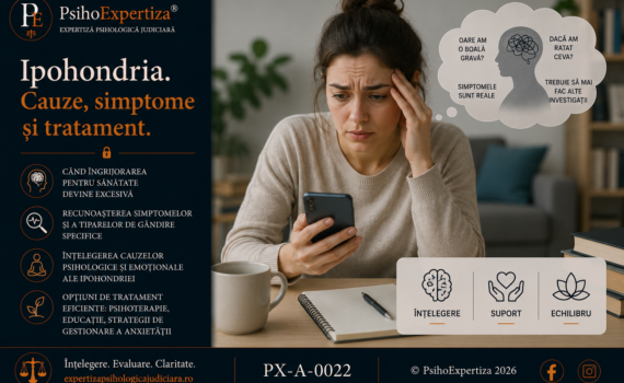Imagine conceptuală despre ipohondrie (tulburarea de anxietate legată de sănătate), ilustrând preocuparea excesivă pentru existența unei boli grave, interpretarea catastrofică a simptomelor corporale și impactul anxietății asupra vieții cotidiene.