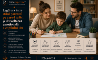 Imagine conceptuală despre influența stilului parental asupra dezvoltării emoționale a copilului, ilustrând implicarea părinților, relația afectivă și mediul familial care susține dezvoltarea armonioasă a copilului.
