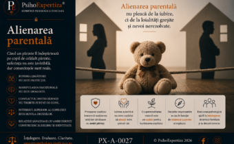 Imagine conceptuală despre alienarea parentală, ilustrând printr-un ursuleț de pluș și doi părinți aflați la distanță impactul conflictului parental asupra copilului și importanța protejării relației acestuia cu ambii părinți.