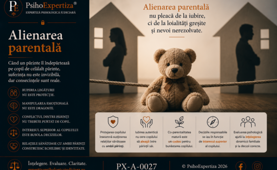 Imagine conceptuală despre alienarea parentală, ilustrând printr-un ursuleț de pluș și doi părinți aflați la distanță impactul conflictului parental asupra copilului și importanța protejării relației acestuia cu ambii părinți.