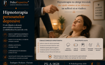 Imagine conceptuală despre hipnoterapie în intervenția psihologică pentru depresie, ilustrând un cadru terapeutic sigur, relaxarea profundă și utilizarea hipnozei clinice ca metodă complementară în procesul de recuperare emoțională.