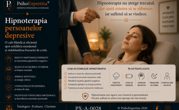 Imagine conceptuală despre hipnoterapie în intervenția psihologică pentru depresie, ilustrând un cadru terapeutic sigur, relaxarea profundă și utilizarea hipnozei clinice ca metodă complementară în procesul de recuperare emoțională.