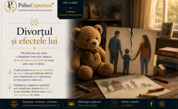 Ilustrație simbolică reprezentând efectele emoționale ale divorțului asupra copilului: ursuleț de pluș, desen realizat de un copil și fotografia unei familii despărțite.