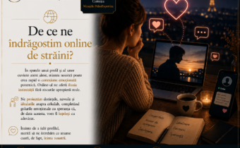 Ilustrație simbolică reprezentând o persoană care dezvoltă o conexiune emoțională online cu un necunoscut, prin intermediul unui laptop și al unui telefon, ilustrând idealizarea și apropierea virtuală.