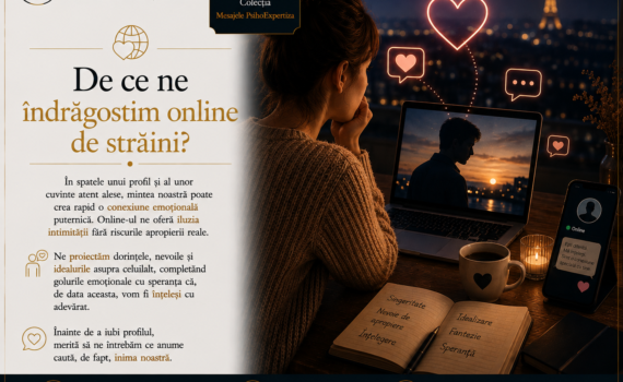 Ilustrație simbolică reprezentând o persoană care dezvoltă o conexiune emoțională online cu un necunoscut, prin intermediul unui laptop și al unui telefon, ilustrând idealizarea și apropierea virtuală.