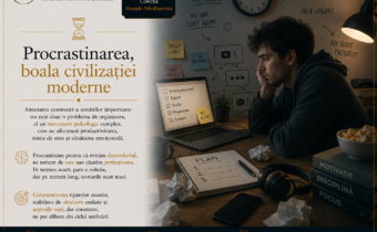 Ilustrație simbolică reprezentând procrastinarea: o persoană amână sarcinile importante în fața laptopului, înconjurată de liste de activități, notificări și mesaje care reflectă evitarea și blocajul psihologic.