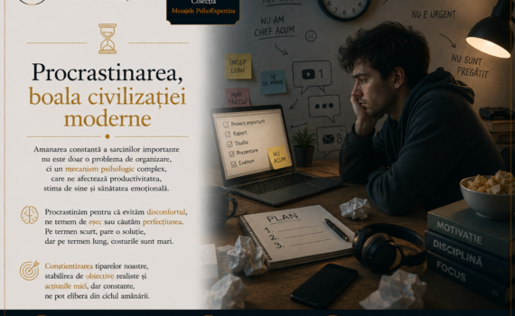 Ilustrație simbolică reprezentând procrastinarea: o persoană amână sarcinile importante în fața laptopului, înconjurată de liste de activități, notificări și mesaje care reflectă evitarea și blocajul psihologic.