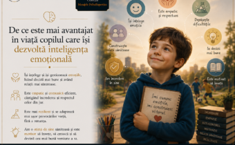 Ilustrație simbolică reprezentând un copil care își dezvoltă inteligența emoțională, înconjurat de simboluri ale empatiei, autocontrolului, rezilienței, încrederii în sine și relațiilor sănătoase.