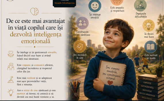 Ilustrație simbolică reprezentând un copil care își dezvoltă inteligența emoțională, înconjurat de simboluri ale empatiei, autocontrolului, rezilienței, încrederii în sine și relațiilor sănătoase.