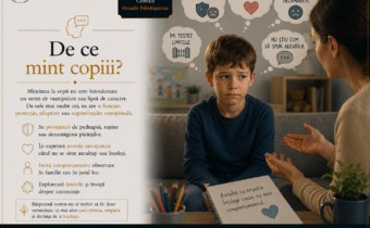 Ilustrație simbolică reprezentând un copil aflat într-o conversație cu un adult empatic, însoțită de reprezentări vizuale ale emoțiilor și motivelor psihologice care pot sta la baza minciunii la copii.