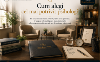 Ilustrație simbolică reprezentând un cabinet de psihologie modern și primitor, pregătit pentru evaluare și consiliere psihologică, sugerând importanța alegerii unui psiholog competent și potrivit nevoilor fiecărei persoane.