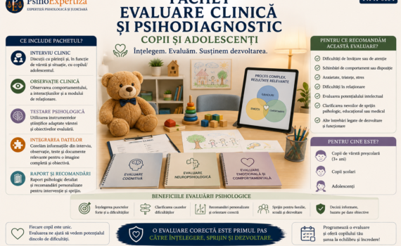 Ilustrație pentru pachetul de evaluare clinică și psihodiagnostic destinat copiilor și adolescenților, prezentând interviul clinic, observația, testarea psihologică, integrarea rezultatelor și formularea recomandărilor.
