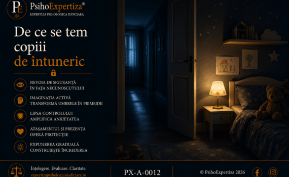 Imagine conceptuală despre frica de întuneric la copii, ilustrând rolul imaginației, al nevoii de siguranță și al mediului în dezvoltarea acestei temeri.