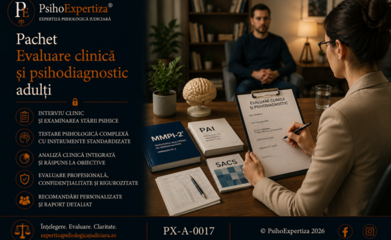 Imagine conceptuală despre evaluarea clinică și psihodiagnosticul adulților, ilustrând procesul de evaluare psihologică prin interviu clinic, testare standardizată și analiză integrativă.