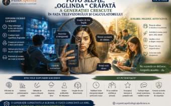Ilustrație despre influența expunerii excesive la ecrane și a culturii selfie asupra imaginii de sine, reprezentată printr-o oglindă crăpată, comparație socială, nevoie de validare și contrastul dintre viața online și relațiile reale.