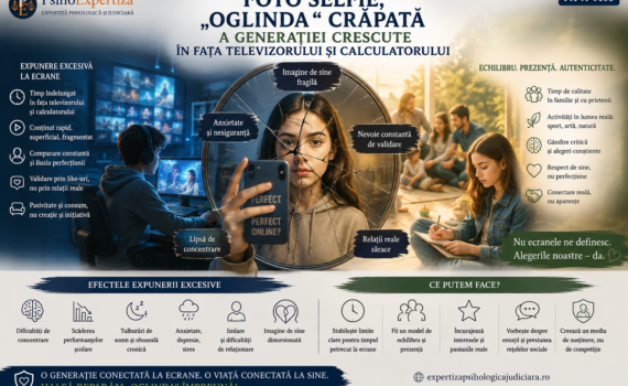Ilustrație despre influența expunerii excesive la ecrane și a culturii selfie asupra imaginii de sine, reprezentată printr-o oglindă crăpată, comparație socială, nevoie de validare și contrastul dintre viața online și relațiile reale.