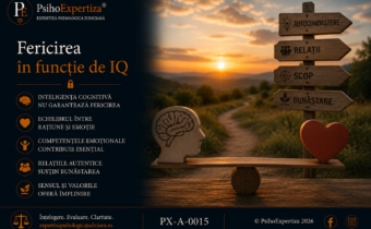 Imagine conceptuală despre relația dintre inteligența cognitivă, echilibrul emoțional și fericire, ilustrând faptul că bunăstarea psihologică depinde de mai mulți factori decât nivelul IQ-ului.