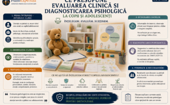 Ilustrație despre evaluarea clinică și diagnosticarea psihologică la copii și adolescenți, prezentând interviul clinic, observația, testarea psihologică, integrarea datelor, diagnosticul și formularea recomandărilor.