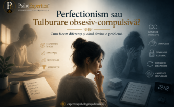 Ilustrație conceptuală care compară perfecționismul cu tulburarea obsesiv-compulsivă (TOC), evidențiind diferențele dintre standardele înalte orientate spre performanță și simptomele caracterizate prin gânduri intruzive, compulsii și anxietate.