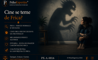 Imagine conceptuală despre mecanismele psihologice ale fricii, ilustrând modul în care percepțiile și interpretările pot amplifica senzația de amenințare și comportamentele de evitare.
