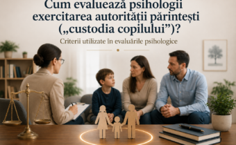 Ilustrație vectorială reprezentând o evaluare psihologică în contextul exercitării autorității părintești, cu psiholog, părinți și copil într-un cadru profesional, alături de simboluri ale justiției și familiei.