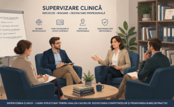 Ilustrație vectorială reprezentând o sesiune de supervizare clinică, în care un supervizor și psihologi analizează cazuri, discută intervenții și dezvoltă competențe profesionale într-un cadru colaborativ.