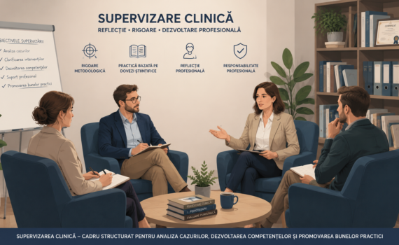 Ilustrație vectorială reprezentând o sesiune de supervizare clinică, în care un supervizor și psihologi analizează cazuri, discută intervenții și dezvoltă competențe profesionale într-un cadru colaborativ.