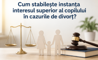Ilustrație vectorială reprezentând o familie, simbolurile justiției și evaluarea interesului superior al copilului în cauzele de divorț.